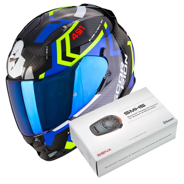 Casque Integral Scorpion Exo 491 Spin Black Blue Yellow Fluo + Kit Bluetooth SMH5