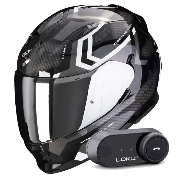 Casque Integral Scorpion Exo 491 Spin Black White + Kit Bluetooth Lokui K30