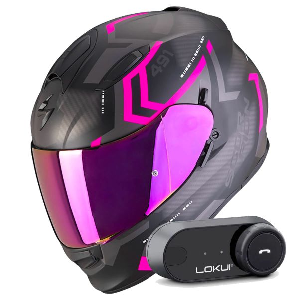 Casque Integral Scorpion Exo 491 Spin Matt Black Pink + Kit Bluetooth Lokui K30
