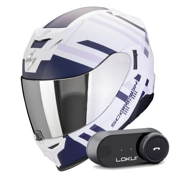 Casque Integral Scorpion Exo 520 Evo Air Banshee Matt White Blue Purple + Kit Bluetooth Lokui K30