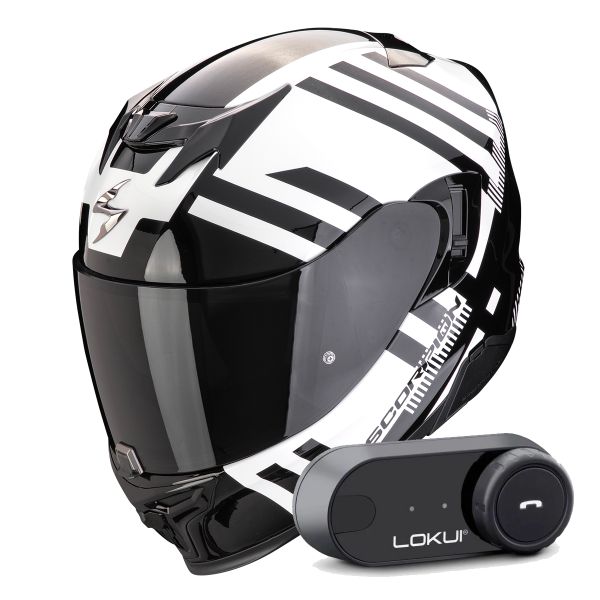 Casque Integral Scorpion Exo 520 Evo Air Banshee Pearl White Black + Kit Bluetooth Lokui K30