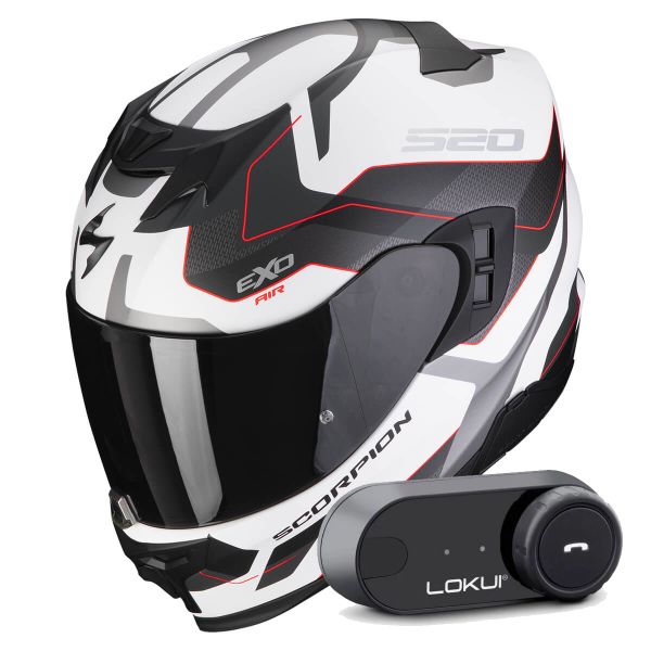 Casque Integral Scorpion Exo 520 Evo Air Elan Matt White Silver Red + Kit Bluetooth Lokui K30