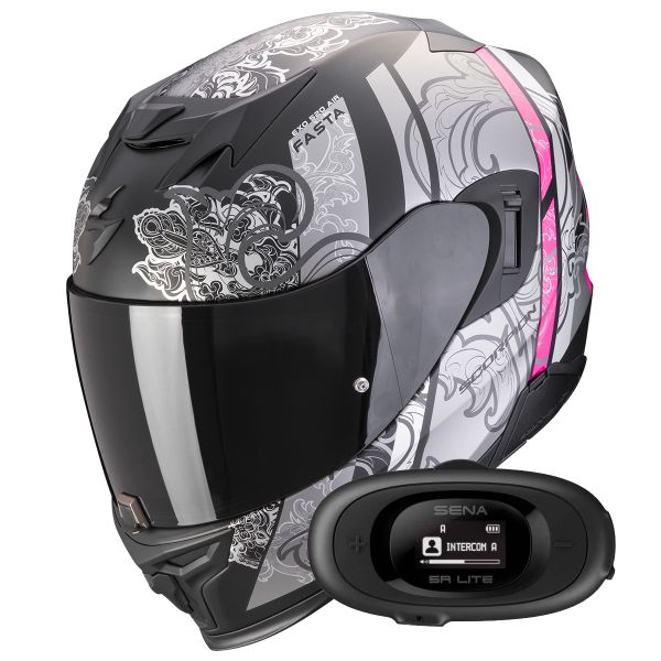 Casque Integral Scorpion Exo 520 Evo Air Fasta Matt Black Silver Pink + Kit bluetooth 5R Lite