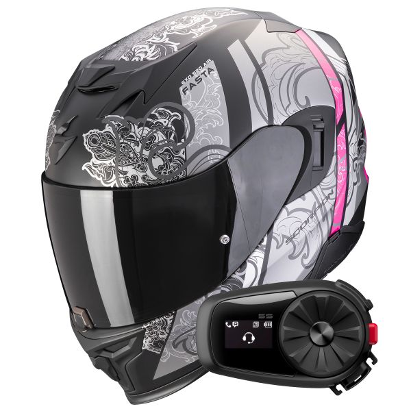 Casque Integral Scorpion Exo 520 Evo Air Fasta Matt Black Silver Pink + Kit Bluetooth 5S Solo