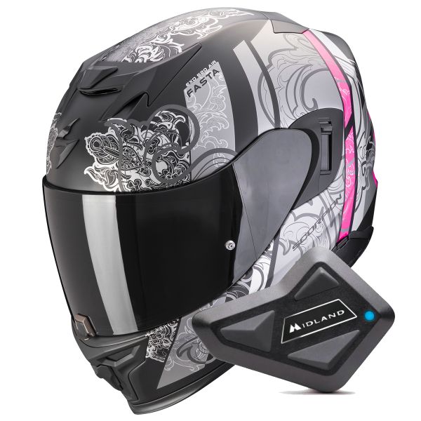 Casque Integral Scorpion Exo 520 Evo Air Fasta Matt Black Silver Pink + Kit Bluetooth BT Mini