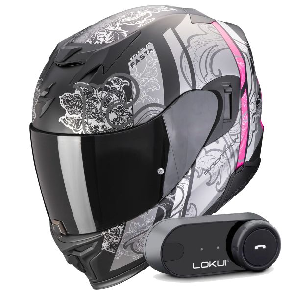 Casque Integral Scorpion Exo 520 Evo Air Fasta Matt Black Silver Pink + Kit Bluetooth Lokui K30