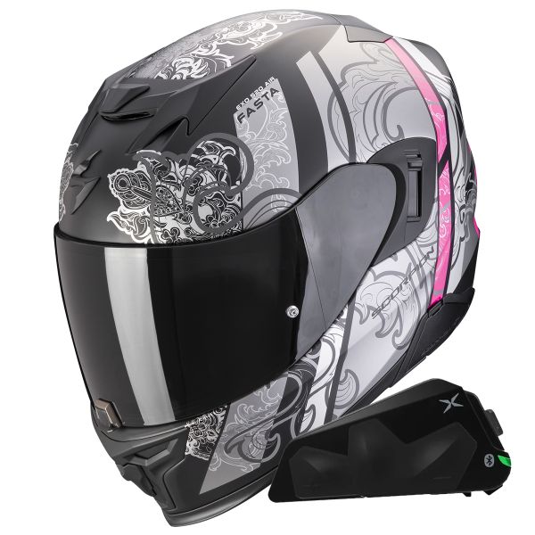 Casque Integral Scorpion Exo 520 Evo Air Fasta Matt Silver Pink + Kit bluetooth Exo-Com Link-1C Casque Integral Scorpion Exo 520 Evo Air Fasta Matt Silver Pink + Kit bluetooth Exo-Com Link-1C