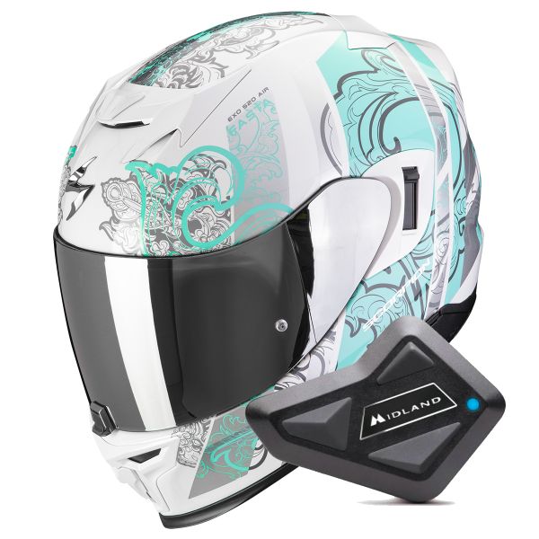 Casque Integral Scorpion Exo 520 Evo Air Fasta White Light Blue + Kit Bluetooth BT Mini