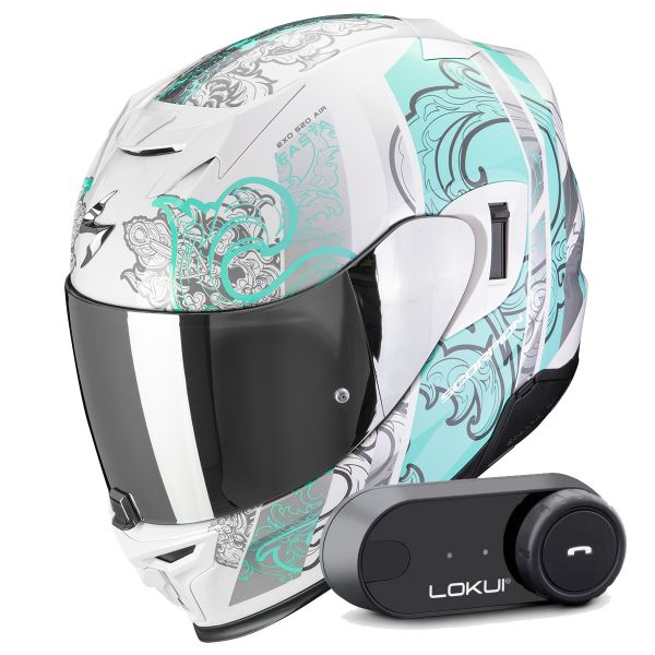 Casque Integral Scorpion Exo 520 Evo Air Fasta White Light Blue + Kit Bluetooth Lokui K30