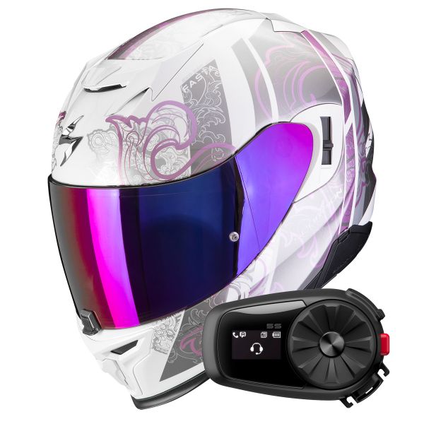 Casque Integral Scorpion Exo 520 Evo Air Fasta White Purple + Kit Bluetooth 5S Solo