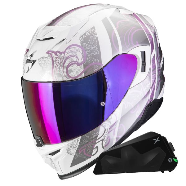Casque Integral Scorpion Exo 520 Evo Air Fasta White Purple + Kit bluetooth Exo-Com Link-1C