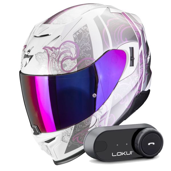 Casque Integral Scorpion Exo 520 Evo Air Fasta White Purple + Kit Bluetooth Lokui K30