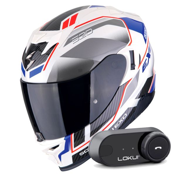 Casque Integral Scorpion Exo 520 Evo Air Lena Pearl White Blue + Kit Bluetooth Lokui K30