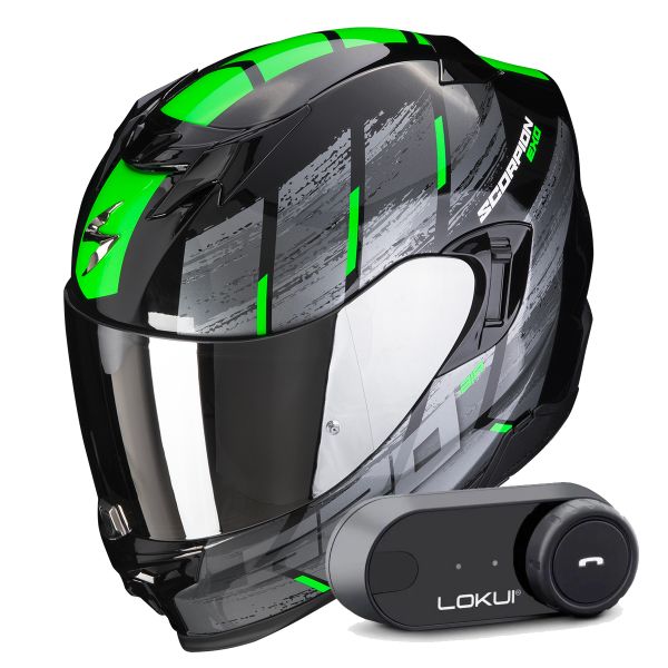 Casque Integral Scorpion Exo 520 Evo Air Maha Black Green + Kit Bluetooth Lokui K30