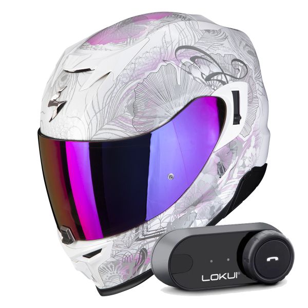 Casque Integral Scorpion Exo 520 Evo Air Melrose Pearl White Pink + Kit Bluetooth Lokui K30
