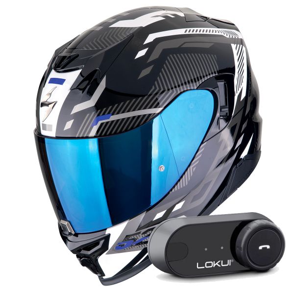 Casque Integral Scorpion Exo 520 Evo Air Ranka Black White Blue + Kit Bluetooth Lokui K30