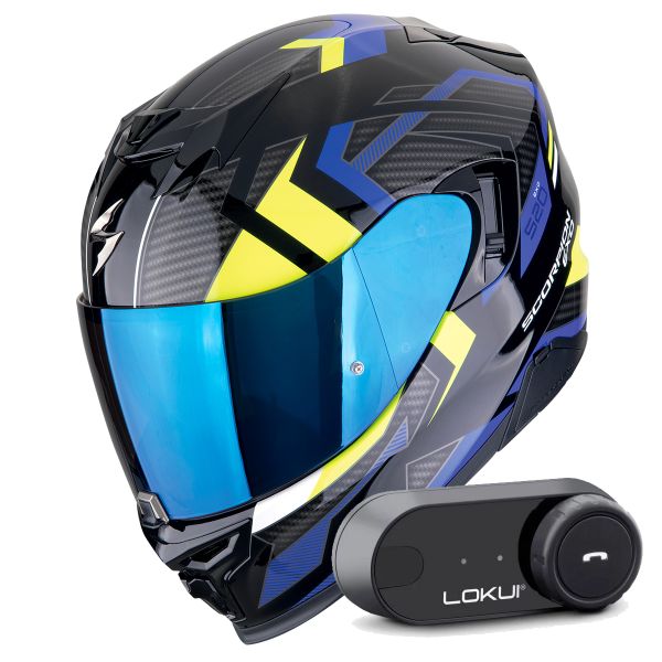Casque Integral Scorpion Exo 520 Evo Air Sensus Black Blue Yellow Fluo + Kit Bluetooth Lokui K30