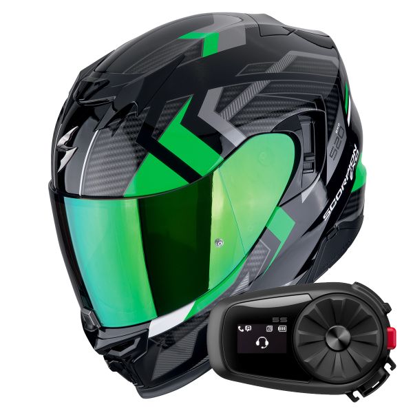 Casque Integral Scorpion Exo 520 Evo Air Sensus Black Green + Kit Bluetooth 5S Solo