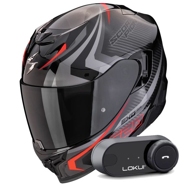 Casque Integral Scorpion Exo 520 Evo Air Terra Black Silver Red + Kit Bluetooth Lokui K30