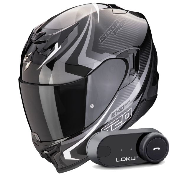 Casque Integral Scorpion Exo 520 Evo Air Terra Black Silver White + Kit Bluetooth Lokui K30