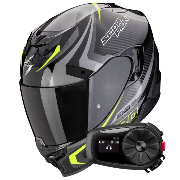 Casque Integral Scorpion Exo 520 Evo Air Terra Black Silver Yellow Fluo + Kit Bluetooth 5S Solo