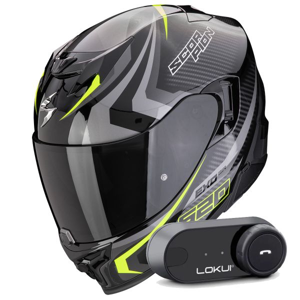 Casque Integral Scorpion Exo 520 Evo Air Terra Black Silver Yellow Fluo + Kit Bluetooth Lokui K30