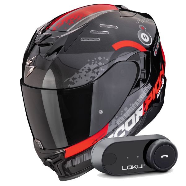 Casque Integral Scorpion Exo 520 Evo Air Titan Black Metal Red + Kit Bluetooth Lokui K30