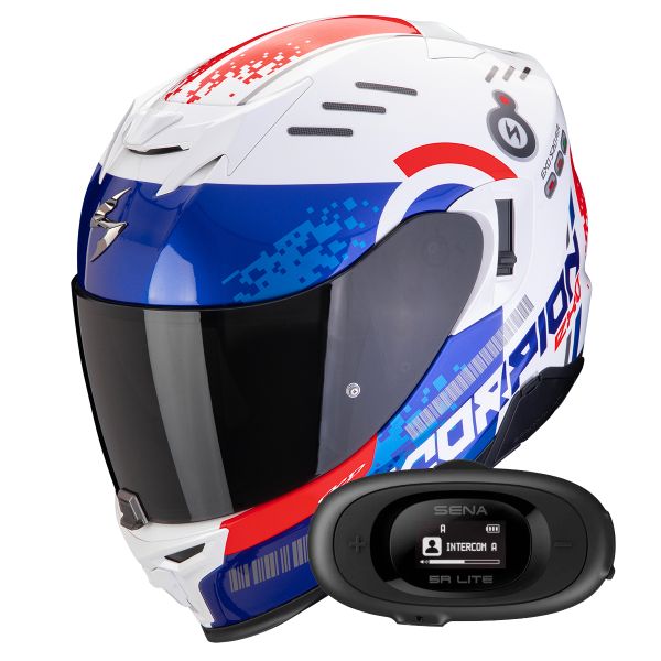 Casque Integral Scorpion Exo 520 Evo Air Titan White Blue Red + Kit bluetooth 5R Lite