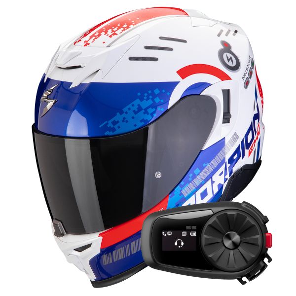 Casque Integral Scorpion Exo 520 Evo Air Titan White Blue Red + Kit Bluetooth 5S Solo