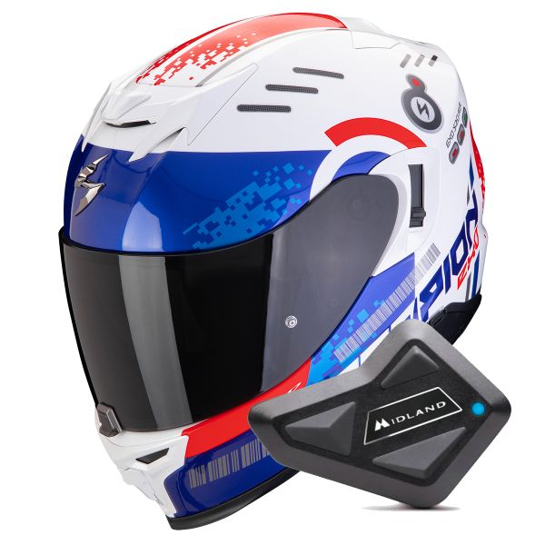 Casque Integral Scorpion Exo 520 Evo Air Titan White Blue Red + Kit Bluetooth BT Mini