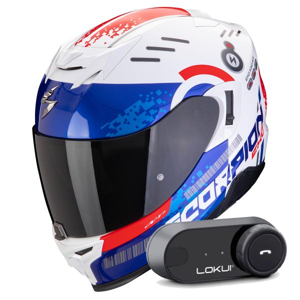 Casque Integral Scorpion Exo 520 Evo Air Titan White Blue Red + Kit Bluetooth Lokui K30