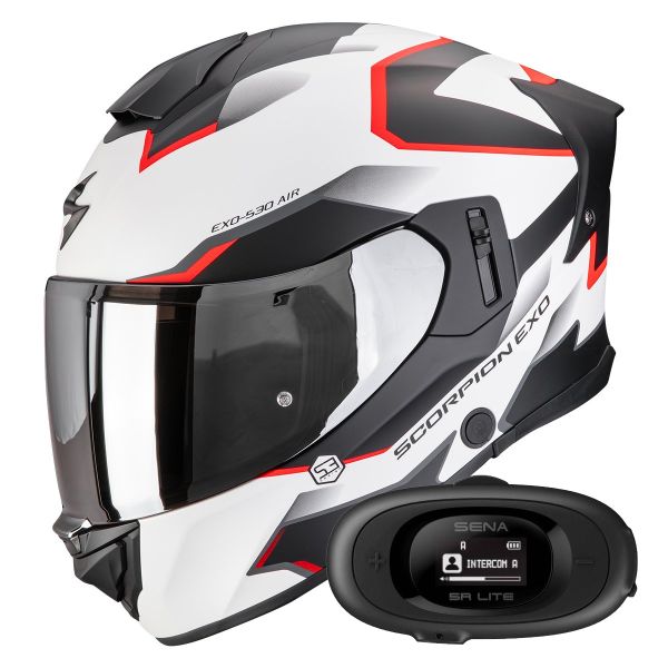 Casque Integral Scorpion Exo 530 Air Clip Matt White Black Red + Kit bluetooth 5R Lite