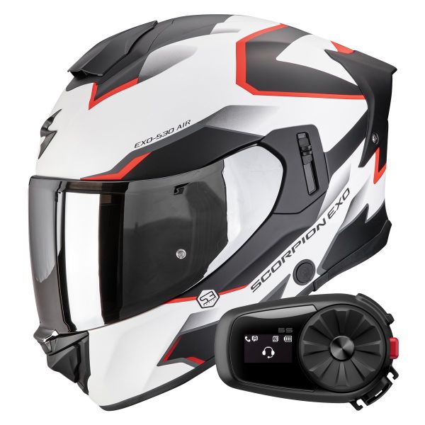 Casque Integral Scorpion Exo 530 Air Clip Matt White Black Red + Kit Bluetooth 5S Solo