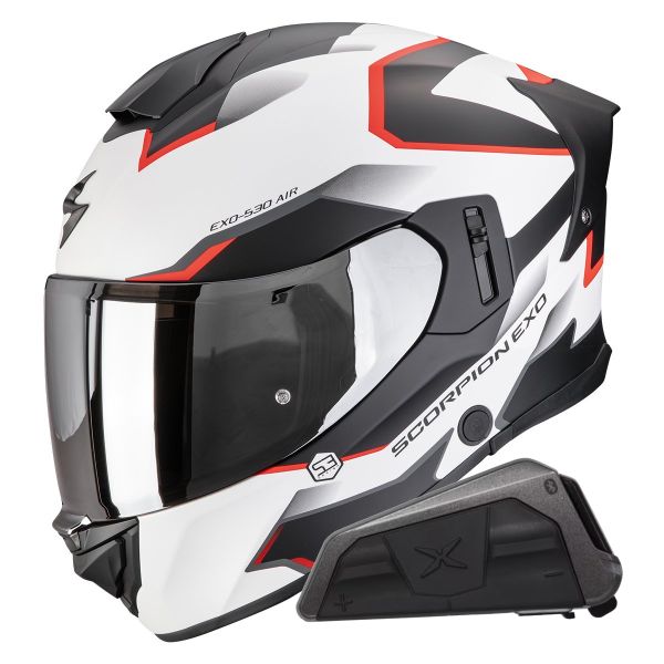 Casque Integral Scorpion Exo 530 Air Clip Matt White Black Red + Kit bluetooth Exo-Com Link-1
