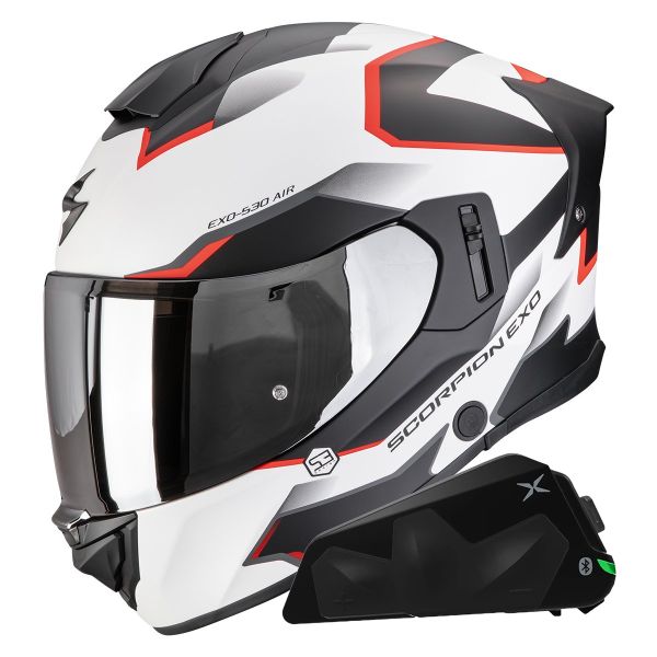 Casque Integral Scorpion Exo 530 Air Clip Matt White Black Red + Kit bluetooth Exo-Com Link-1C