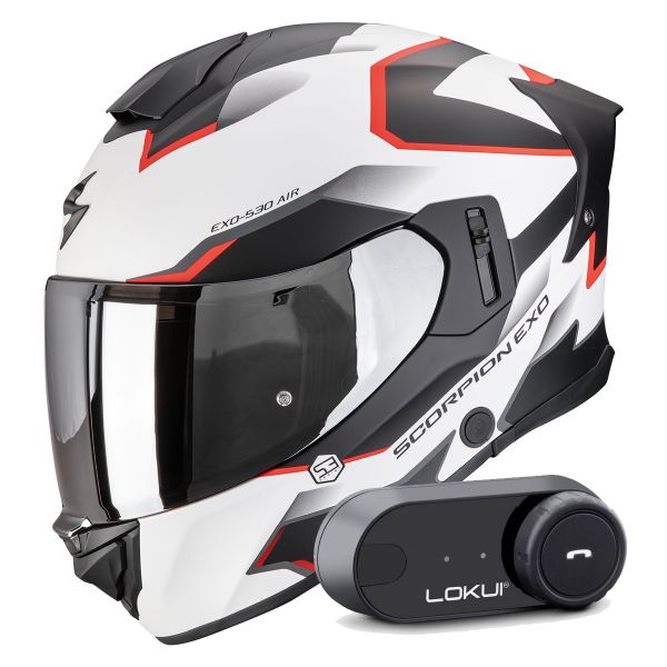 Casque Integral Scorpion Exo 530 Air Clip Matt White Black Red + Kit Bluetooth Lokui K30