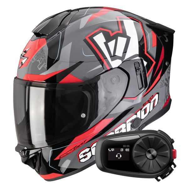 Casque Integral Scorpion Exo 530 Air Rok Grey Black Red + Kit Bluetooth 5S Solo