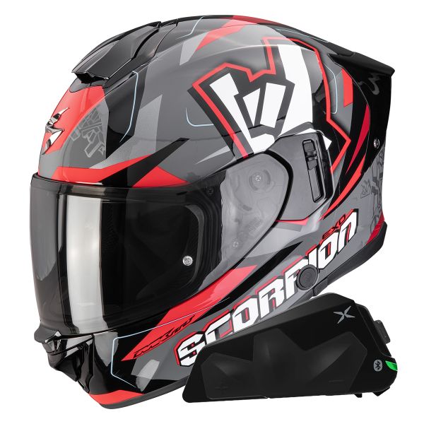 Casque Integral Scorpion Exo 530 Air Rok Grey Black Red + Kit bluetooth Exo-Com Link-1C