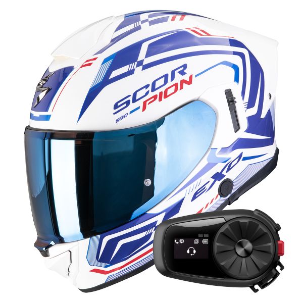 Casque Integral Scorpion Exo 530 Air Slope White Blue Red + Kit Bluetooth 5S Solo