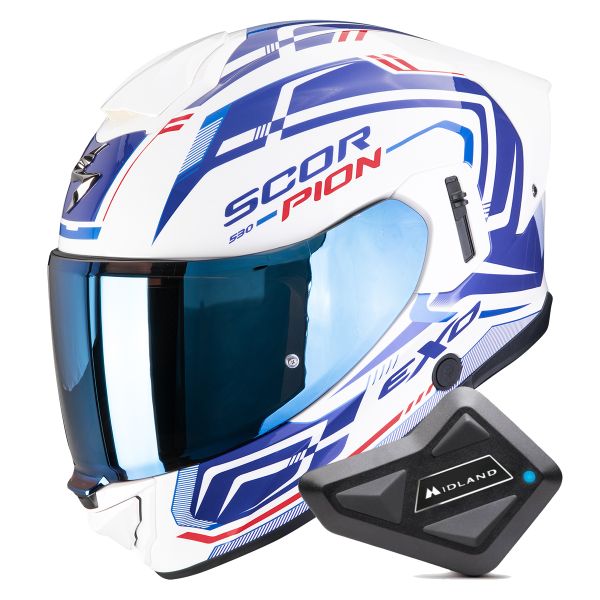 Casque Integral Scorpion Exo 530 Air Slope White Blue Red + Kit Bluetooth BT Mini