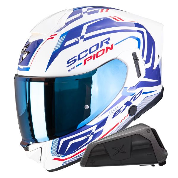 Casque Integral Scorpion Exo 530 Air Slope White Blue Red + Kit bluetooth Exo-Com Link-1