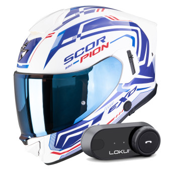 Casque Integral Scorpion Exo 530 Air Slope White Blue Red + Kit Bluetooth Lokui K30