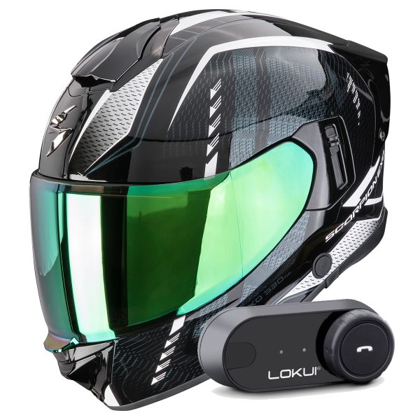 Casque Integral Scorpion Exo 530 Air Theras Black Chameleon White + Kit Bluetooth Lokui K30