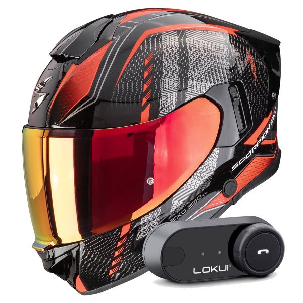 Casque Integral Scorpion Exo 530 Air Theras Metal Black Red + Kit Bluetooth Lokui K30