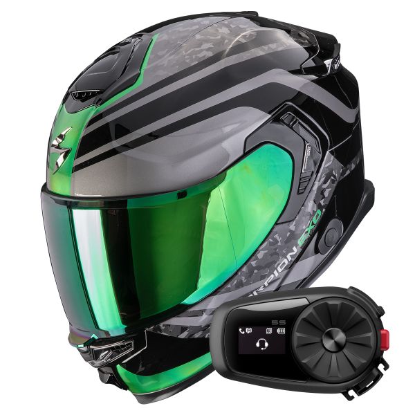 Casque Integral Scorpion Exo GT SP Air Arten Black Green + Kit Bluetooth 5S Solo