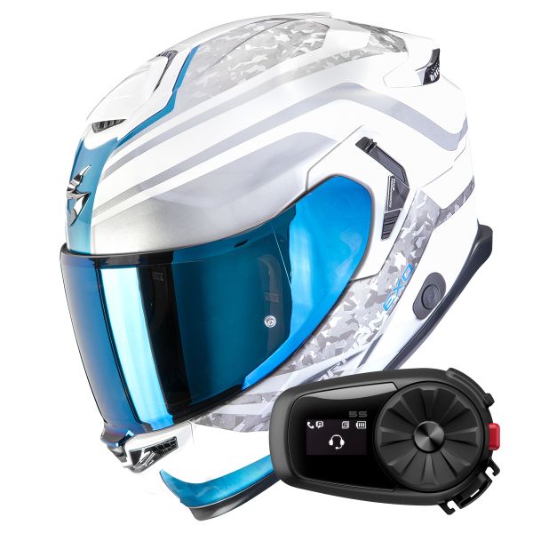 Casque Integral Scorpion Exo GT SP Air Arten White Blue + Kit Bluetooth 5S Solo