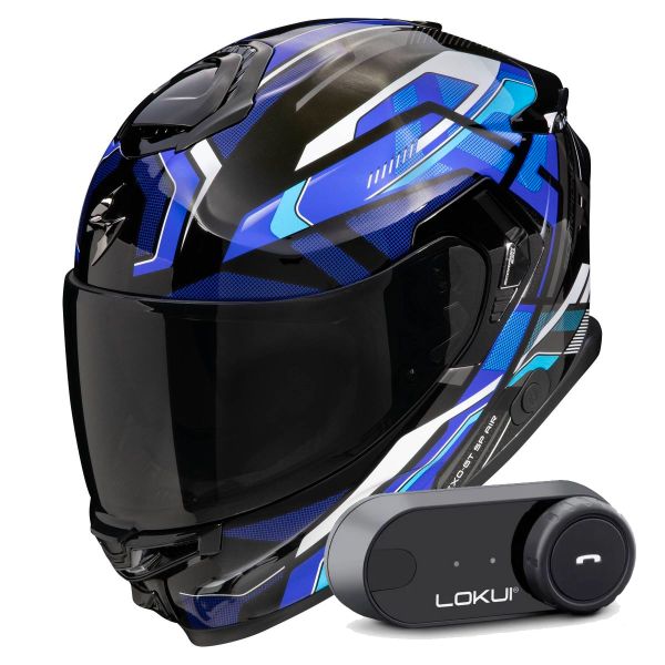 Casque Integral Scorpion Exo GT SP Air Augusta Black Grey Blue + Kit Bluetooth Lokui K30