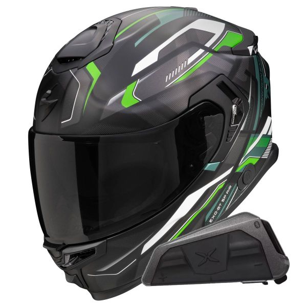 Casque Integral Scorpion Exo GT SP Air Augusta Black Grey Green + Kit bluetooth Exo-Com Link-1