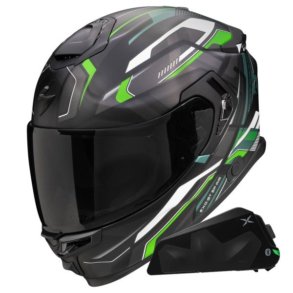 Casque Integral Scorpion Exo GT SP Air Augusta Black Grey Green + Kit bluetooth Exo-Com Link-1C