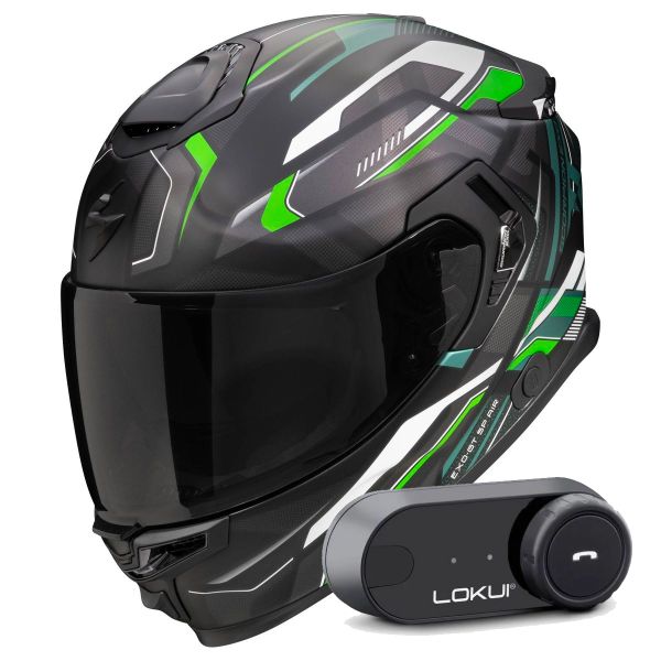 Casque Integral Scorpion Exo GT SP Air Augusta Black Grey Green + Kit Bluetooth Lokui K30